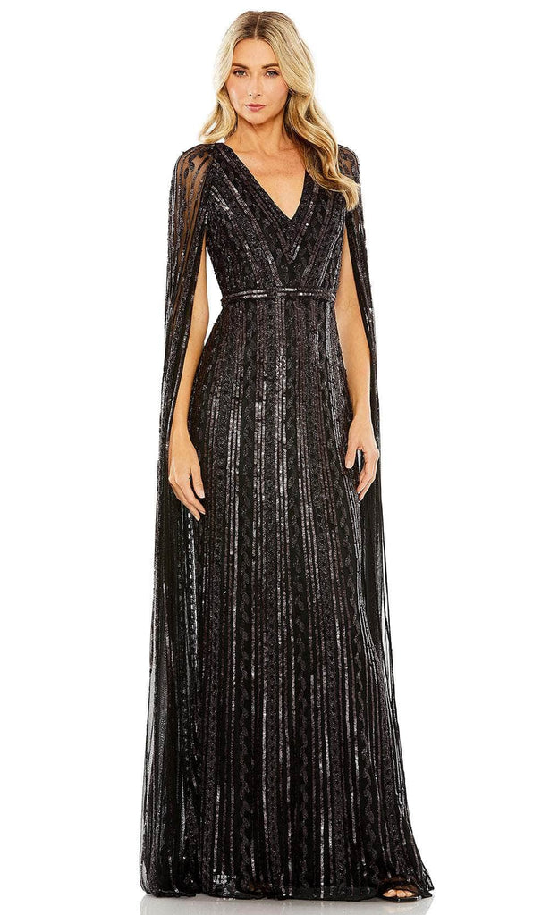 Mac Duggal - Black Sequined V-Neck Gown with Cape Sleeves - US 8 Mac Duggal - Black Sequined V-Neck Gown with Cape Sleeves - US 8
