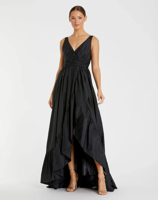 Mac Duggal - 67835 V Neck Taffeta High Low Modest Prom Dress