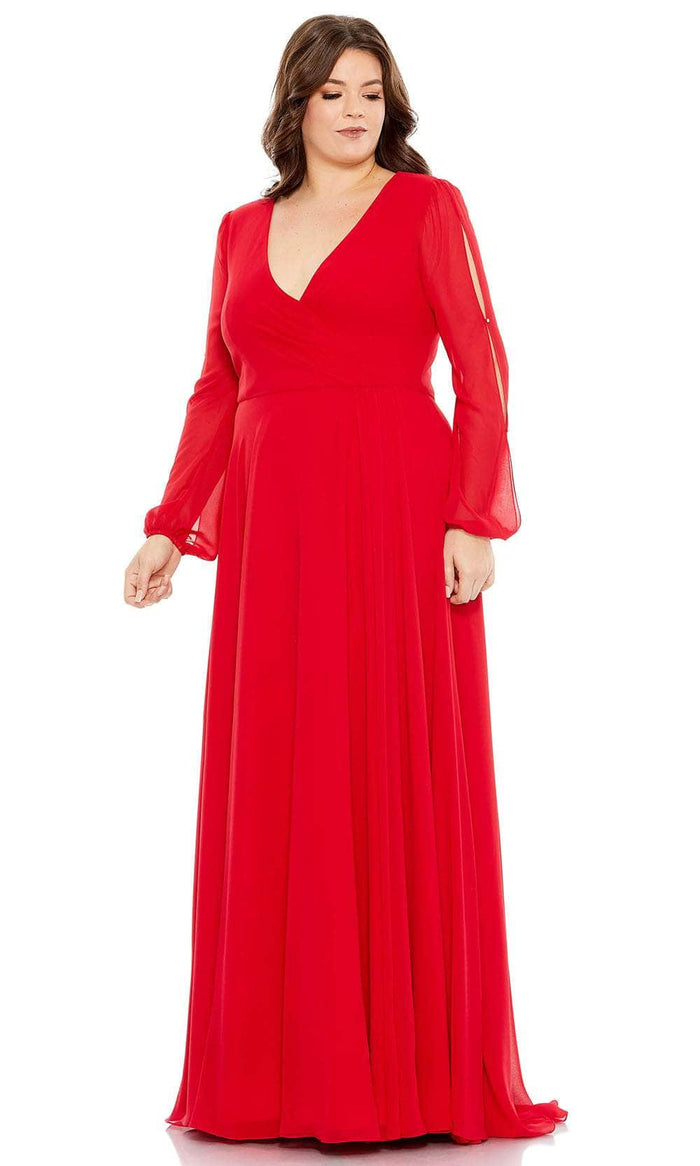 Mac Duggal 67912 - Cut-Out Detailed Long Sleeve V-Neck Long Dress Evening Dresses 12W / Red