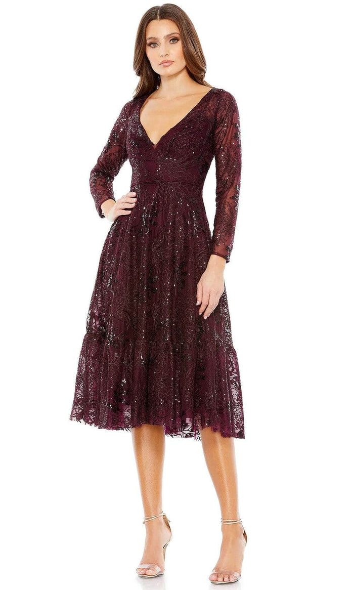Mac Duggal 68001 - Long Sleeve Embellished Cocktail Dress Cocktail Dresses 2 / Wine