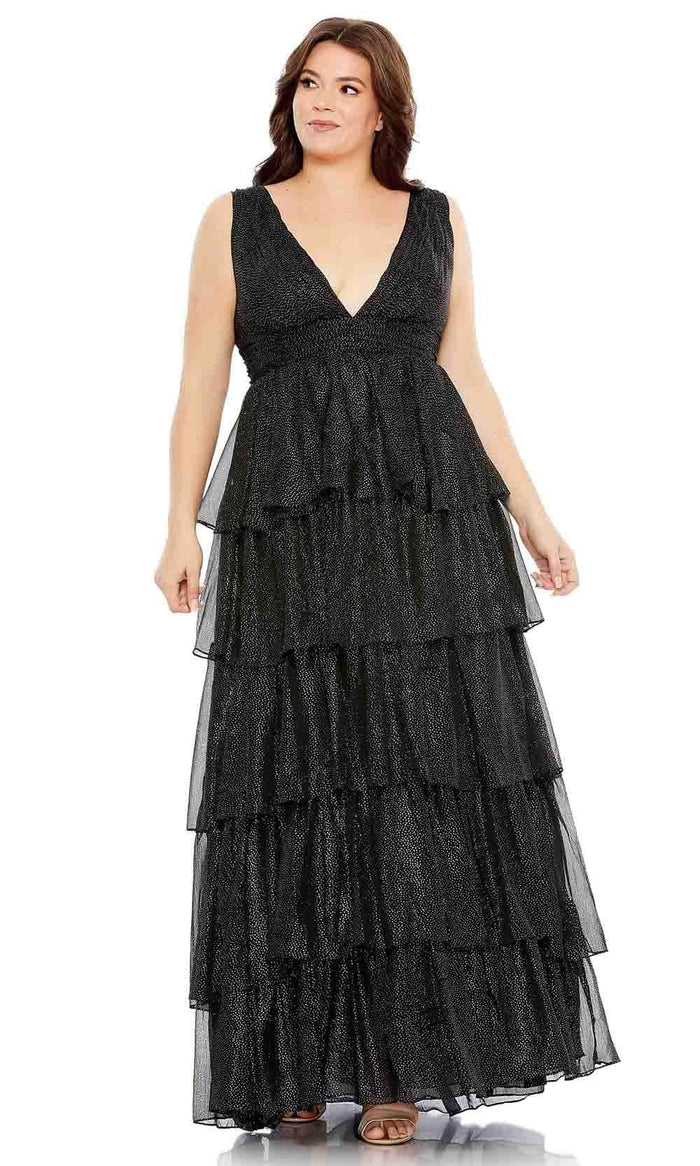 Mac Duggal 68131 - Sleeveless V Neck Ruffle Tiered Dress Evening Dresses 14W / Black Silver