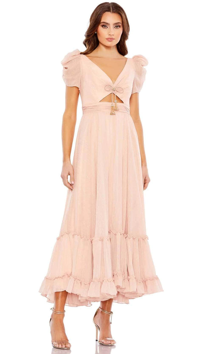 Mac Duggal 68187 - Tiered Metallic Tea Length Dress Holiday Dresses 0 / Pink