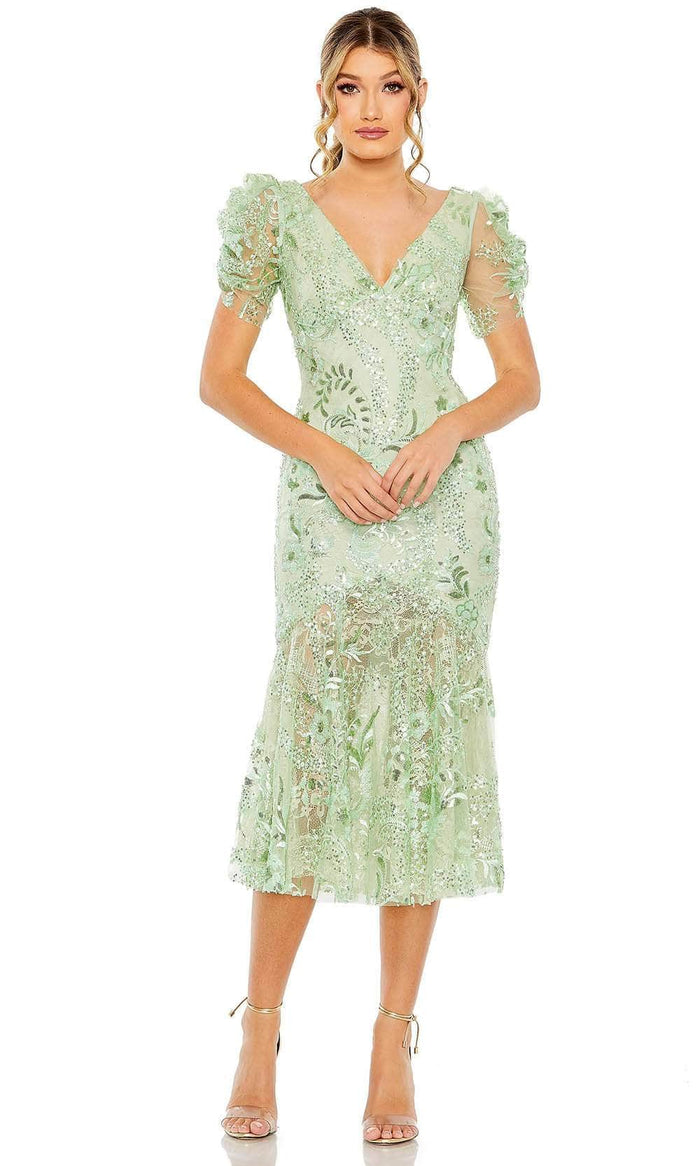Mac Duggal 68266 - Floral Embellished Puff Sleeves Dress Mint