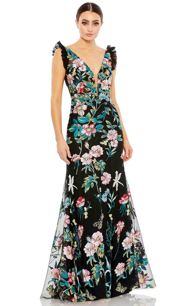 Mac Duggal 68273 - Floral Net Sleeves Long Dress Evening Dresses 2 / Black Multi