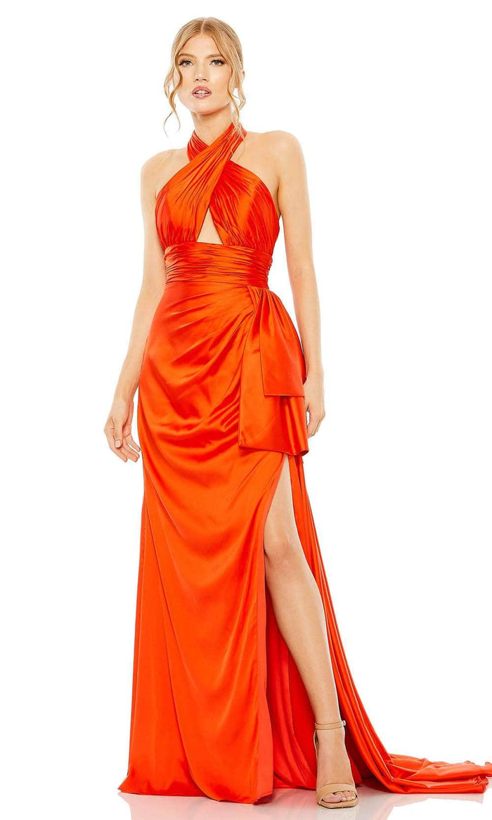 Mac Duggal 68444 - Crisscross Satin Halter Long Dress Prom Dresses 0 / Orange