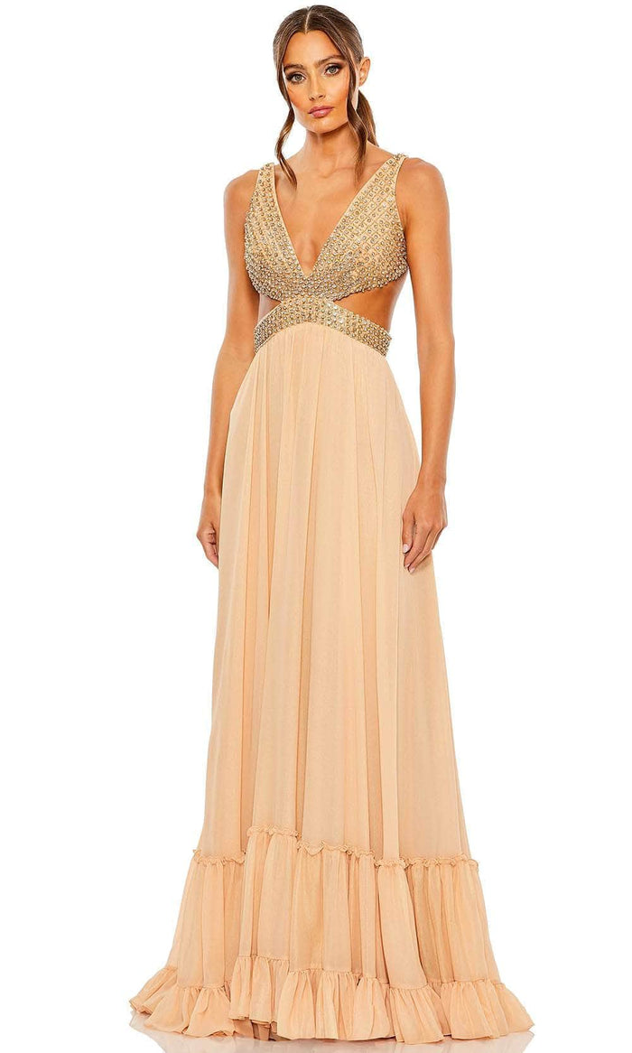 Mac Duggal 68465 - Rhinestone Embellished Cut Out Gown Evening Dresses 0 / Gold