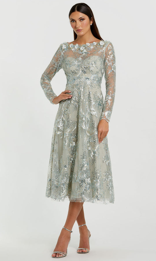 Mac Duggal 68898 - Bateau Embroidered Mesh Midi Evening Dress