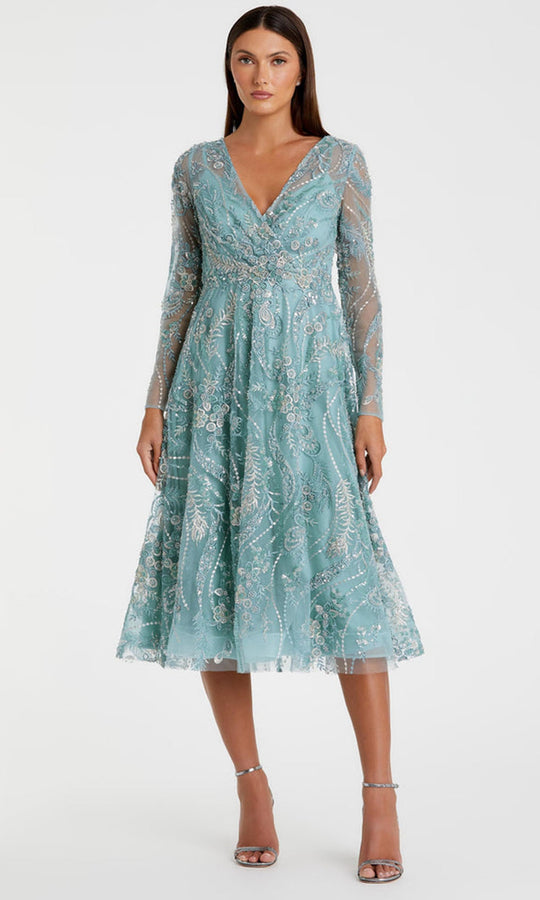 Mac Duggal 68915 - Long Sleeve Embroidered Tea-Length Dress