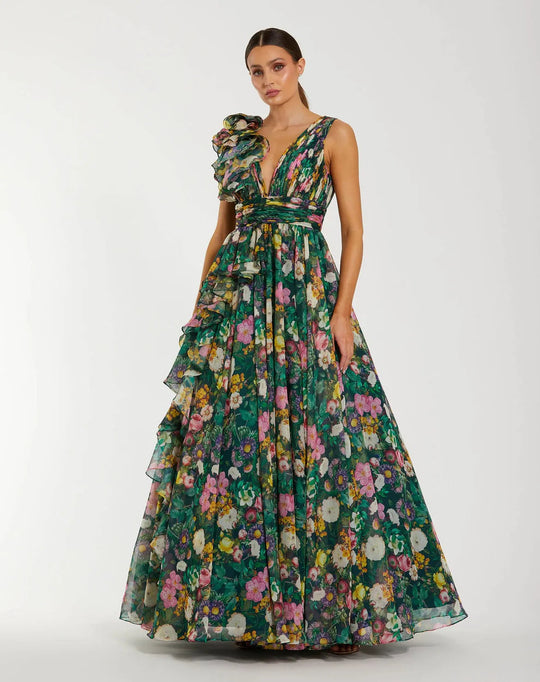 Mac Duggal 68947 - Plunging V-Neck Floral Ruffle Gown