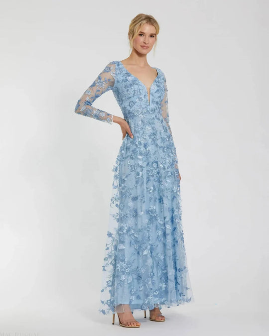 Mac Duggal - 70224 Lace Applique Deep V Neck A-Line Gown