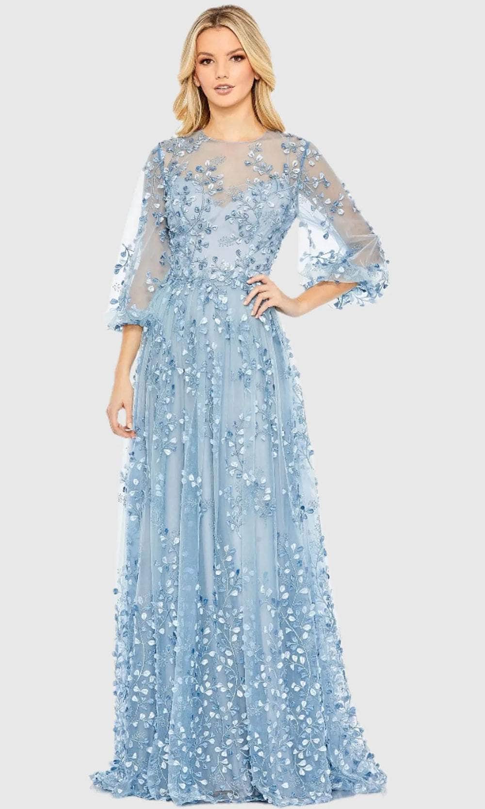 Blue Embroidered Puff Sleeve A-Line Gown