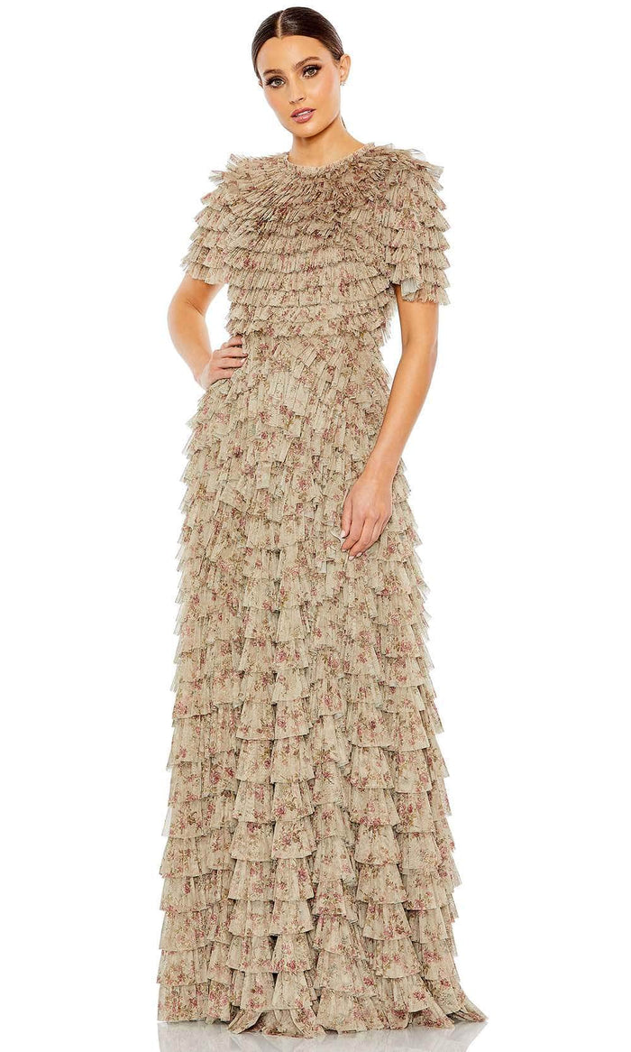 Mac Duggal 8017 - Short Sleeve Ruffled Evening Gown Special Occasion Dress 4 / Ecru Multi