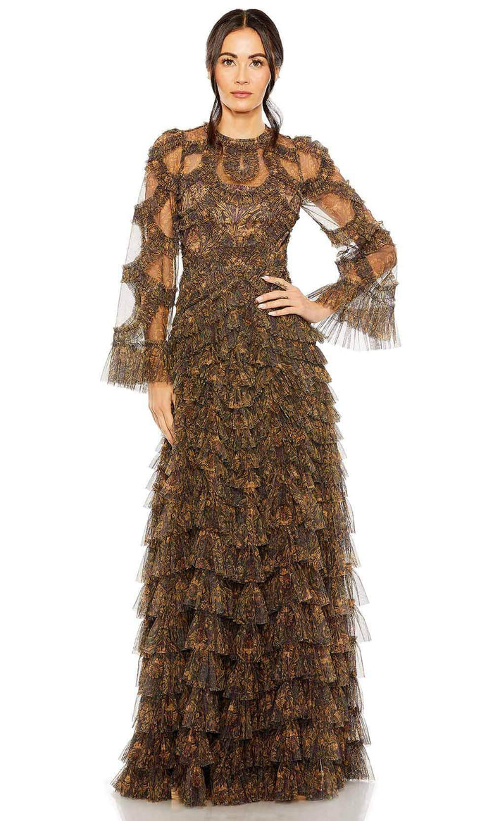 Mac Duggal 8044 - Ruffled Jewel Printed Evening Gown Special Occasion Dress 2 / Brown Multi