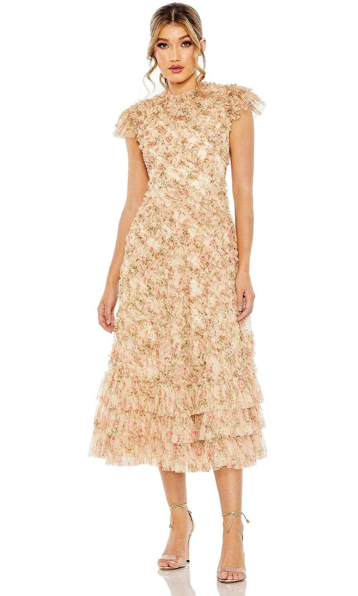 Mac Duggal 8060 - Flutter Sleeve Tiered Hem Evening Dress Cocktail Dresses 2 / Beige Multi