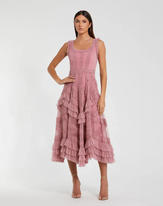 Mac Duggal 8250 - Scoop Neck Ruffle Tea-Length Dress
