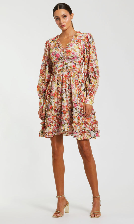 Mac Duggal 8261 - Floral Print V-Neck Cotton Mini Dress