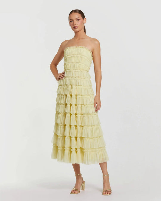 Mac Duggal 8286 - Strapless Tiered Mesh Midi Dress