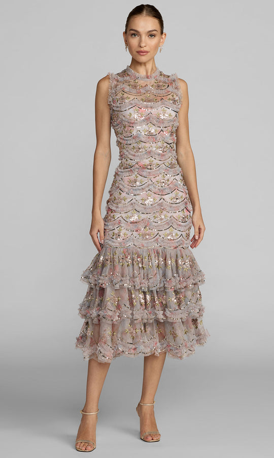 Mac Duggal 8412 - High Neck Scalloped Ruffle Tea-Length Dress