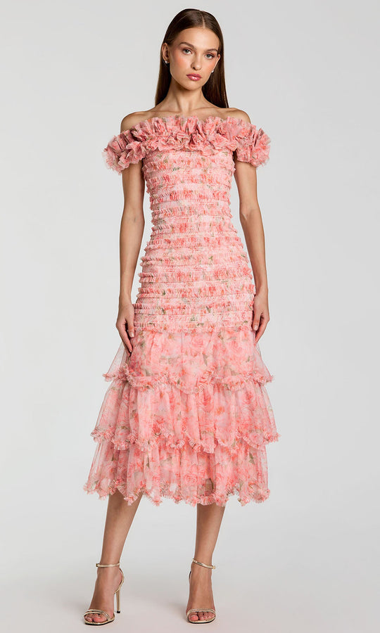 Mac Duggal 8432 - Ruffled Neckline Floral Tea-Length Dress