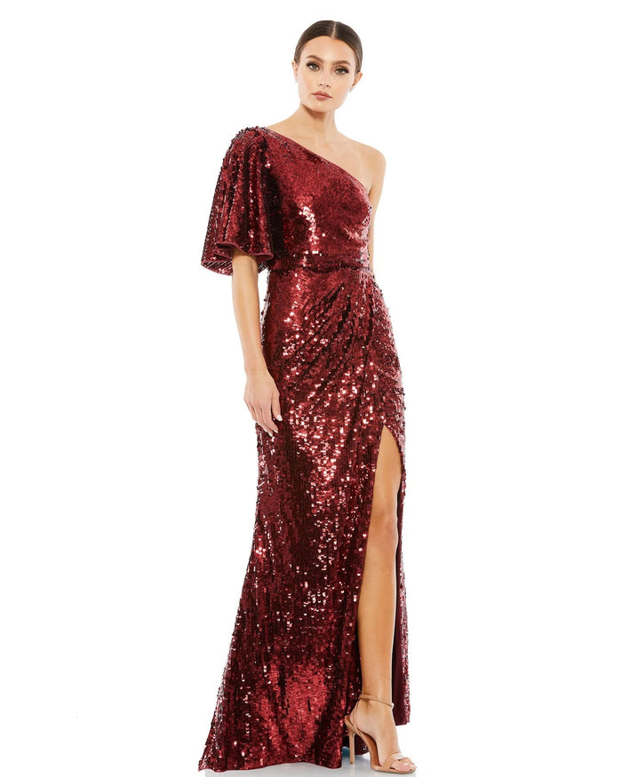 Mac Duggal - 93540 Asymmetric Sequined Gown Evening Dresses 2 / Burgundy