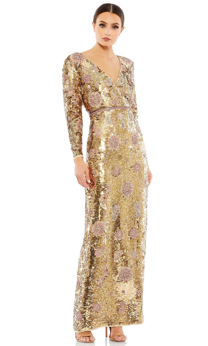 Mac Duggal 93615 - Floral Sequined Sheath Long Dress Evening Dresses 4 / Gold