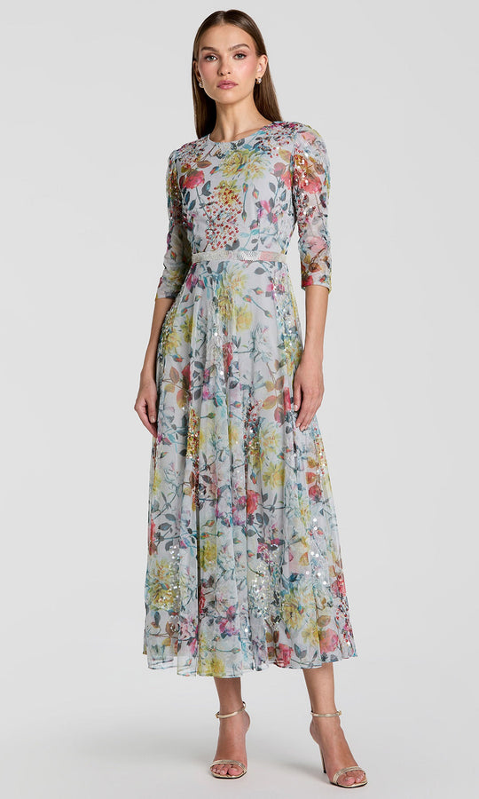 Mac Duggal 93793 - Floral A-Line Tea-Length Dress with Sequin Accent