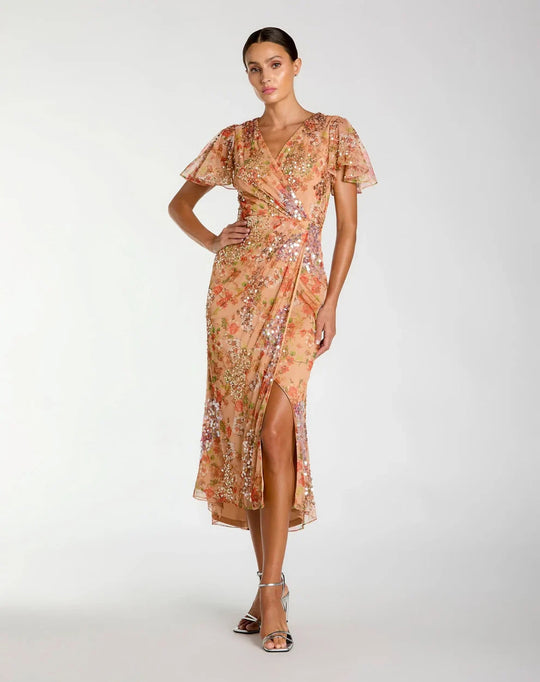 Mac Duggal 93949 - Sequin Floral Wrap Midi Dress