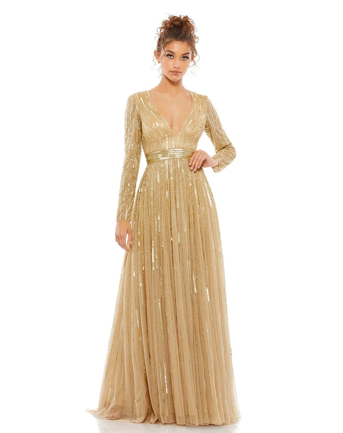 Mac Duggal Evening - 4977D Long Sleeve Sequin-Textured A-Line Gown Evening Dresses 0 / Taupe