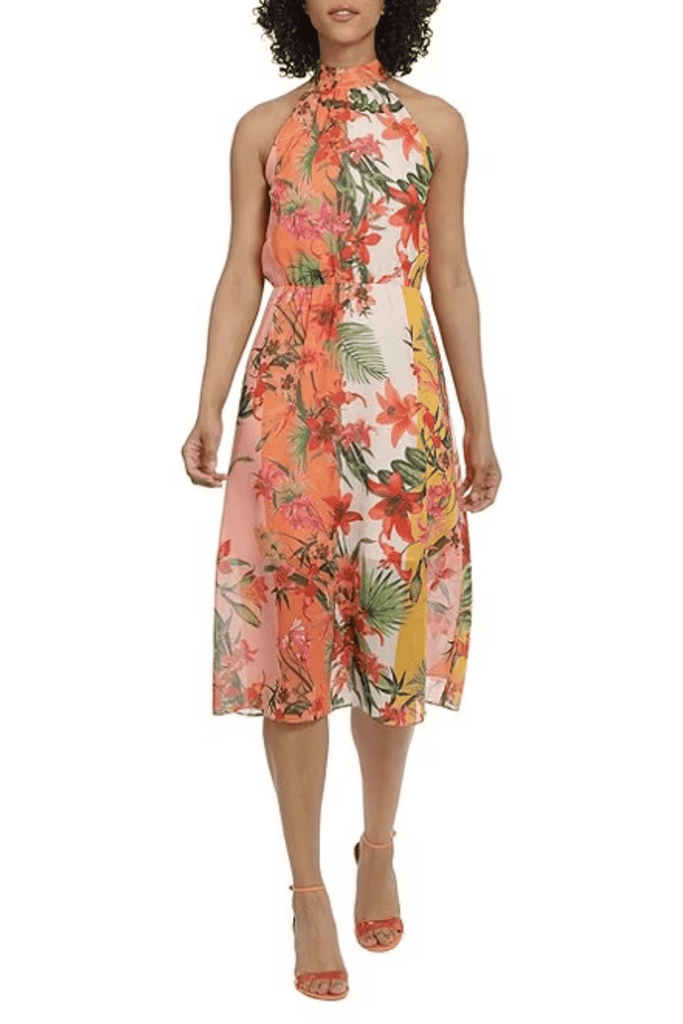 Maggy London Floral Striped Print Halter Dress IVORY Orange / 8 Maggy London Floral Striped Print Halter Dress IVORY Orange / 8
