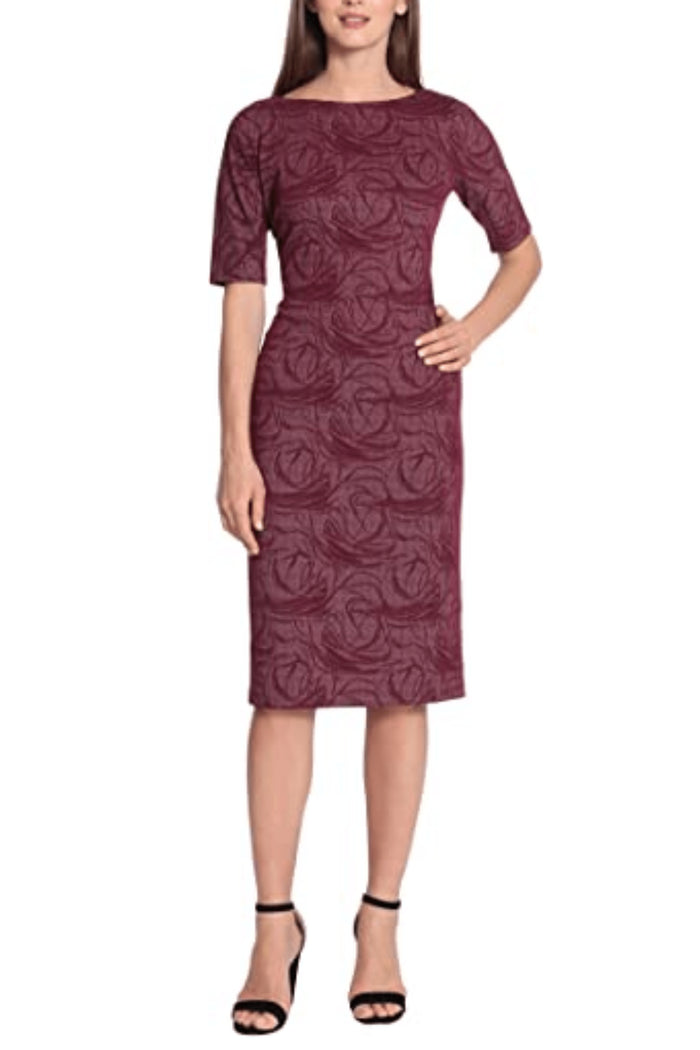 Maggy London Jacquard Style Print Sheath Dress Wine White / 0 Maggy London Jacquard Style Print Sheath Dress Wine White / 0