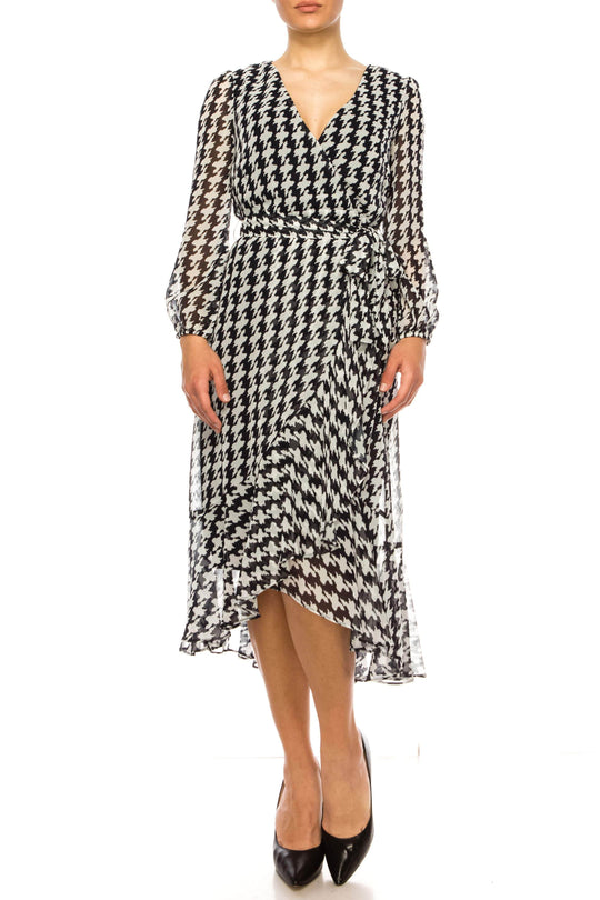 Maison Tara 95614M - Long Sleeve Faux Wrap Formal Dress