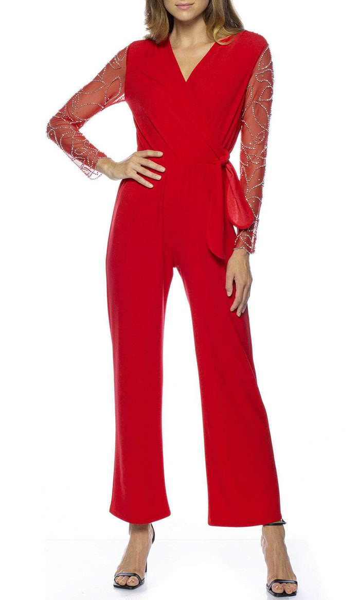 Marina 268040 - Embellished Long Sleeve V-Neck Jumpsuit Formal Pantsuits 4 / Red