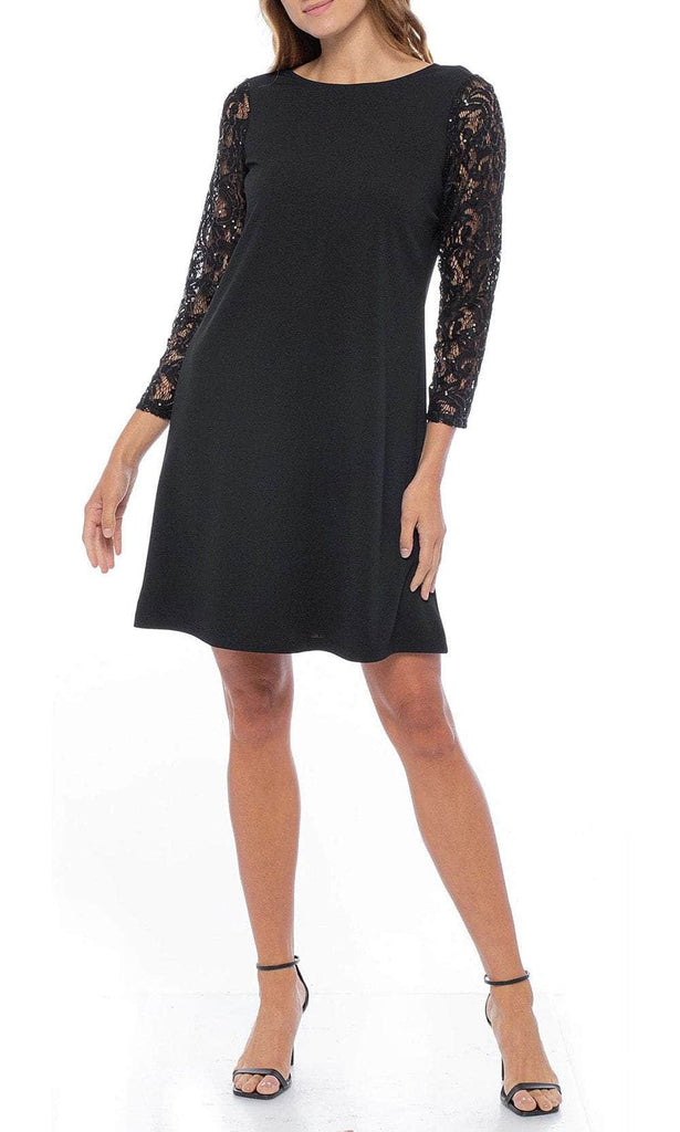 white christmas dresses Marina Boat Neck 3-4 Lace Sleeve V-Back Scuba Crepe Dress-Black / 10