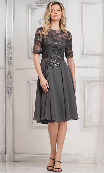knee length dresses for a wedding guest Mac Duggal - Green Embellished Long Sleeve Velvet Trim A-Line Midi Dress line silhouette Women's Knee Length Wedding Guest