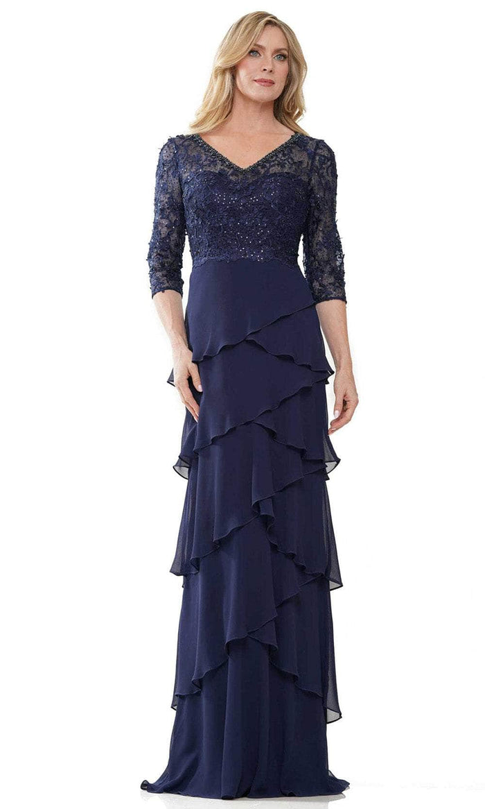 Marsoni by Colors MV1244 - Embroidered V-Neck Tiered Formal Gown Formal Gowns 6 / Navy