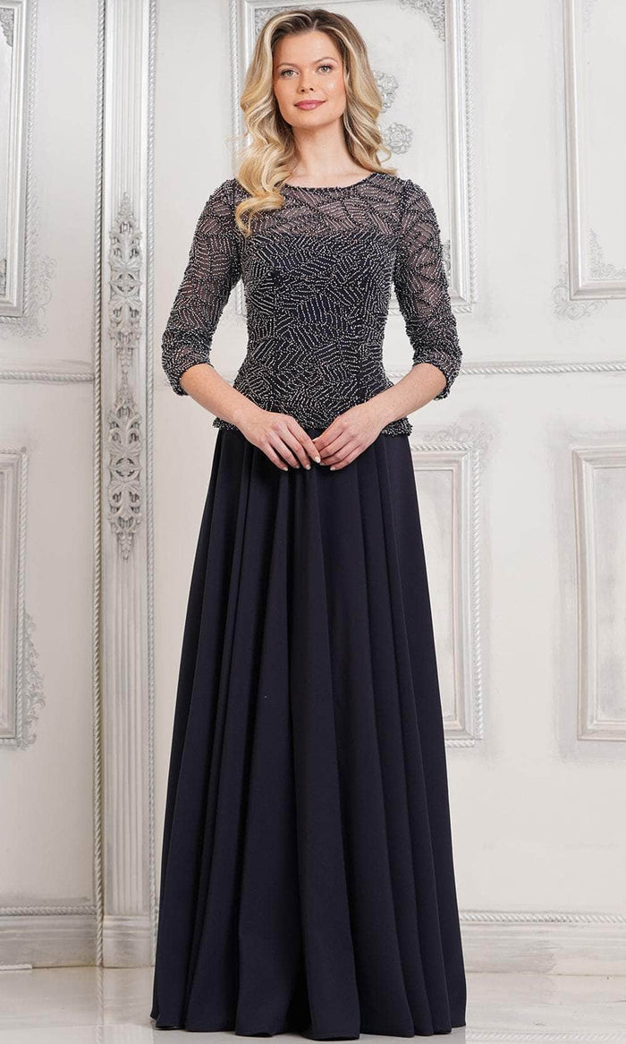 Marsoni by Colors MV1319 - Quarter Sleeve Beaded Illusion Formal Gown Special Occasion Dress 6 / Midnight