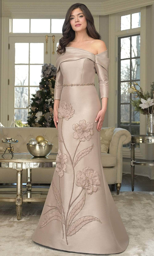 Marsoni by Colors MV1374 - Off-Shoulder Floral Applique Gown