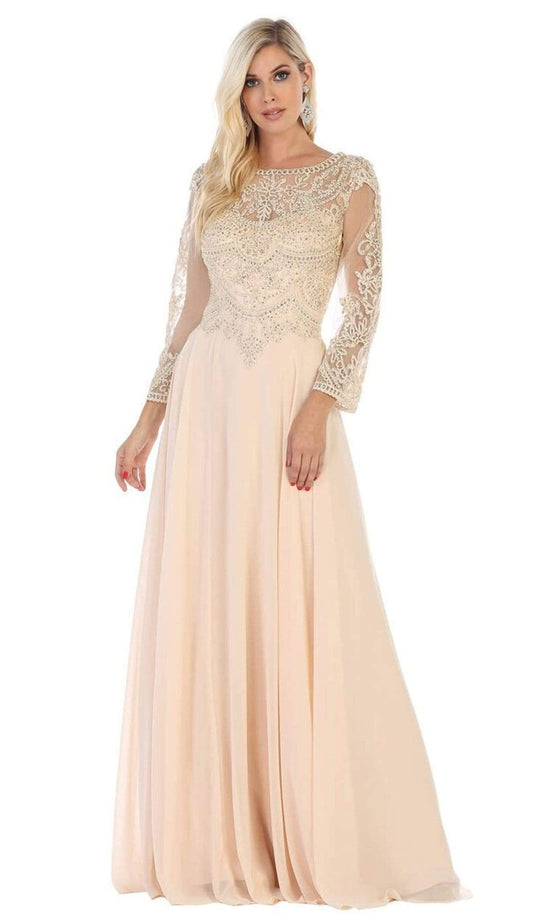 May Queen - MQ1615B Applique Long Sleeve A-line Dress