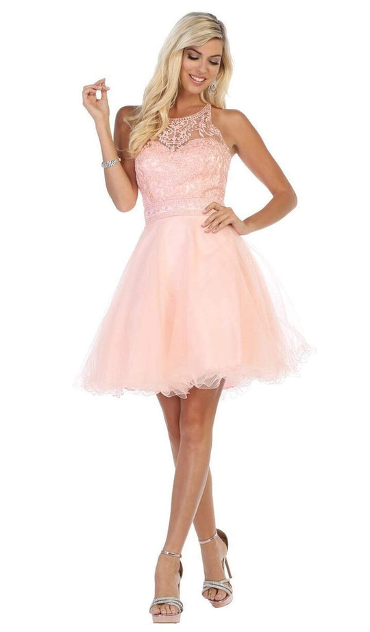 May Queen - MQ1658 Lace Applique Illusion Scoop Neck Cocktail Dress
