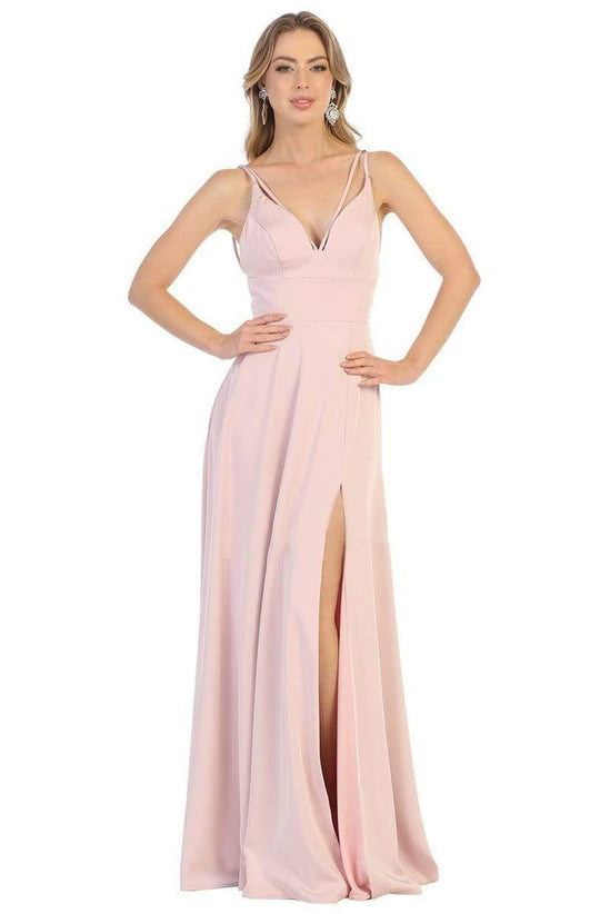 May Queen - MQ1704 V NECK SPAGHETTI STRAP HIGH SLIT A-LINE GOWN