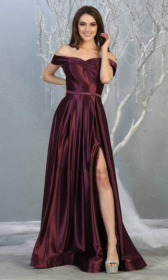 May Queen - MQ1781 Surplice Off Shoulder High Slit Metallic Dress