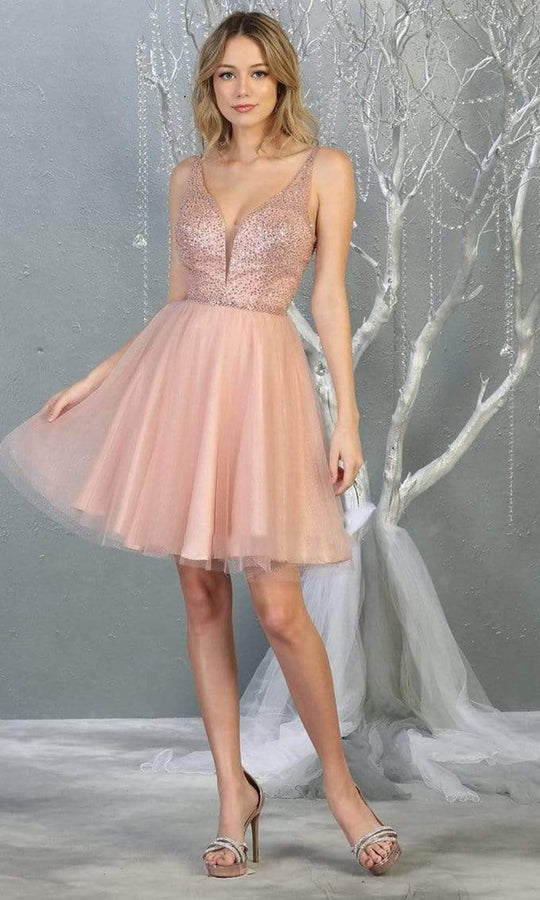 May Queen - MQ1797 Embellished Deep V-neck A-line Dress