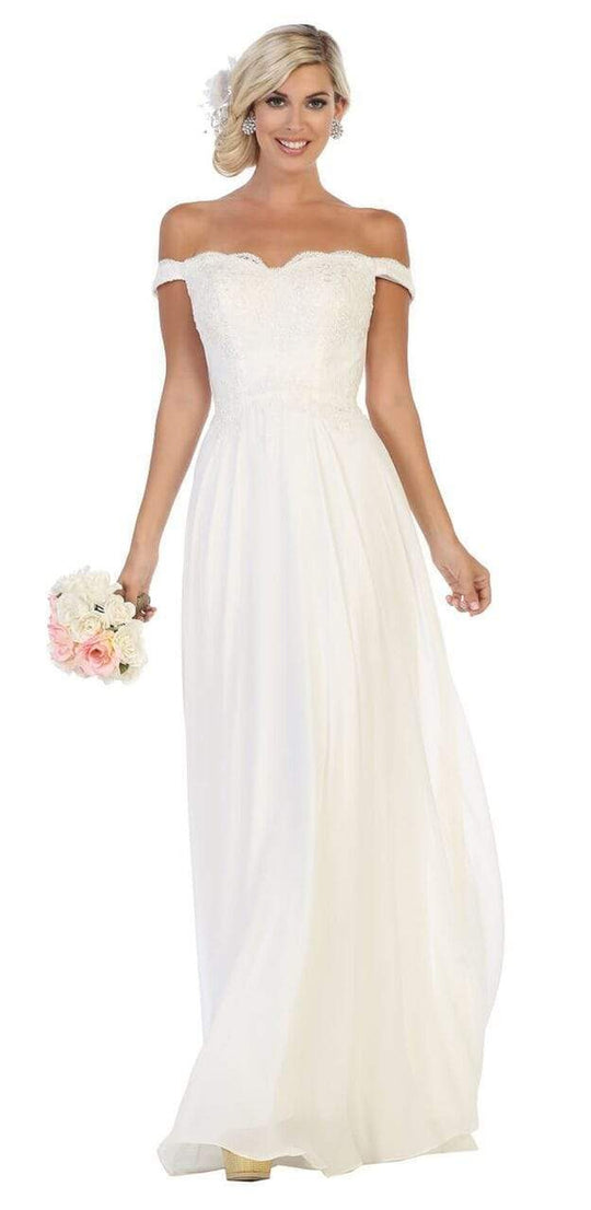 May Queen Bridal - MQ1644 Lace Ornate Off-Shoulder Chiffon A-Line Gown