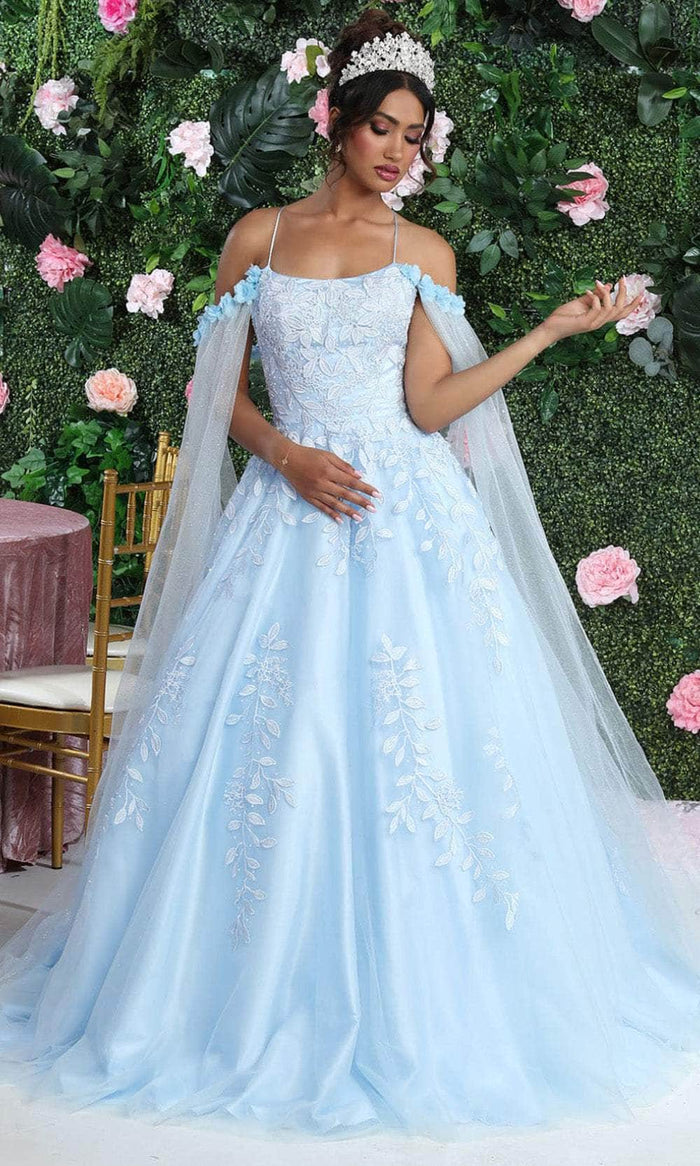 May Queen LK191 - Cape Sleeve Applique Gown Prom Dresses 2 / Baby Blue