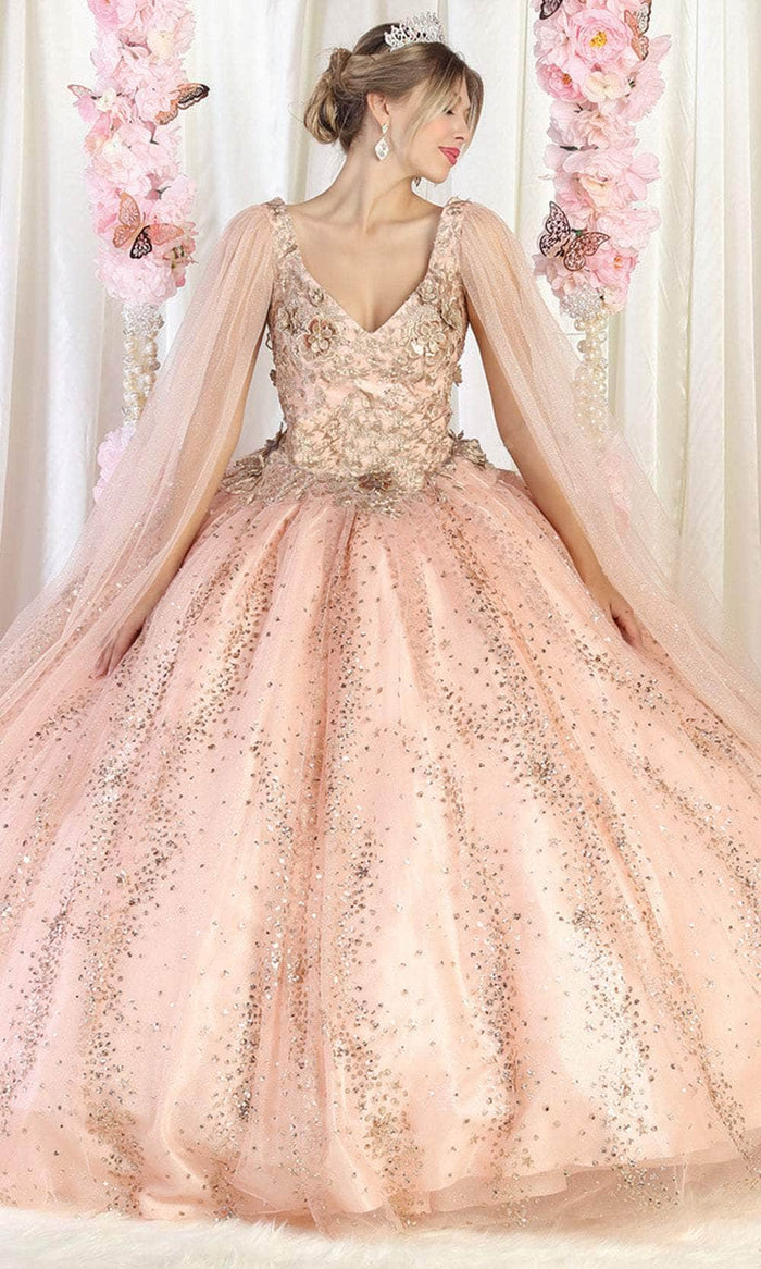 May Queen LK205 - Floral Appliqued V-Neck Ballgown Ball Gowns 4 / Rosegold