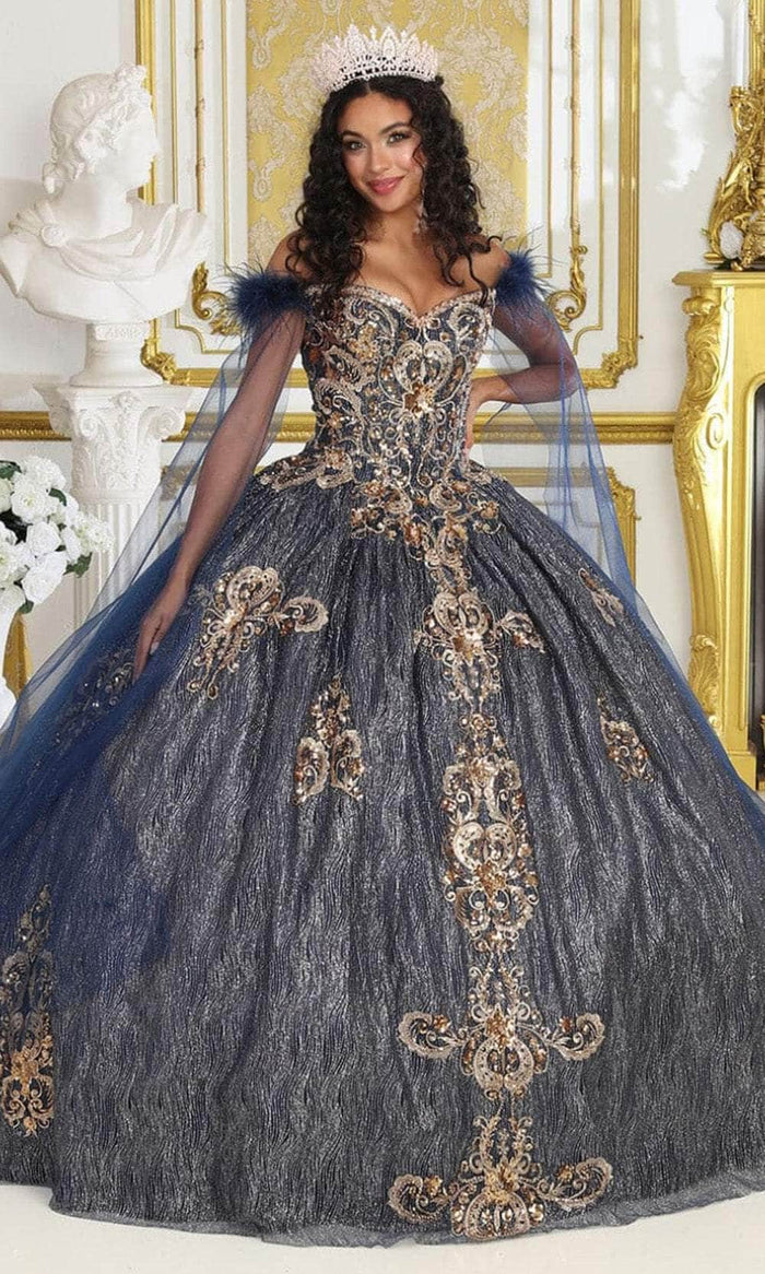 May Queen LK216 - Feathered Cape Sleeve Ballgown Quinceanera Dresses 4 / Navy/Gold