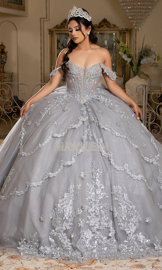 May Queen LK283 - Plunging V-Neck Embroidered Ballgown