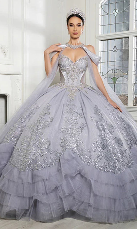 May Queen LK284 - Tiered Hem Deep V-Neckline Ballgown