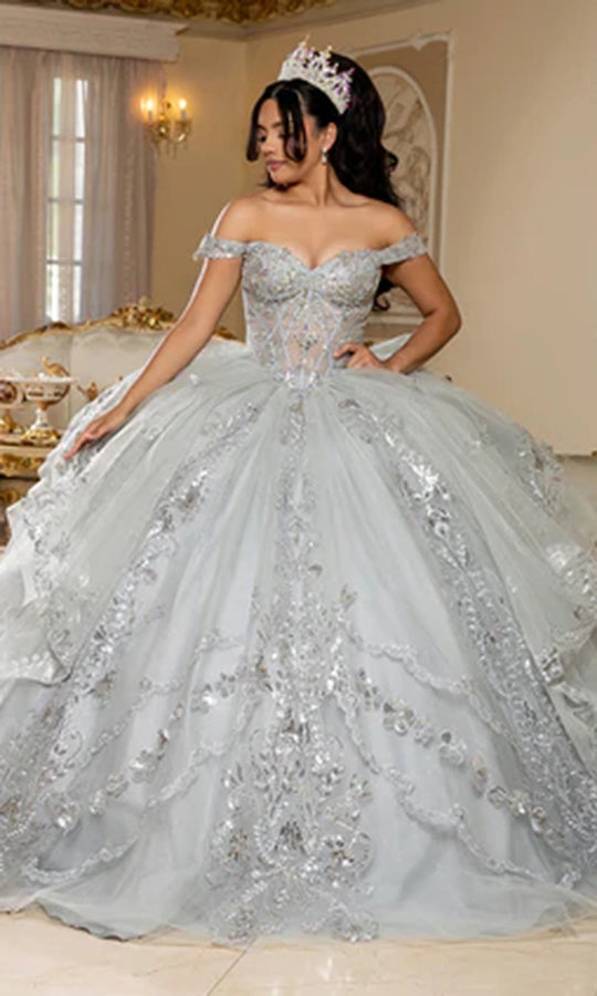 May Queen LK293 - Off Shoulder Layered Lace Applique Gown