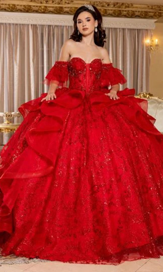 May Queen LK296 - Beaded Bodice Off Shoulder Ruffle Ballgown